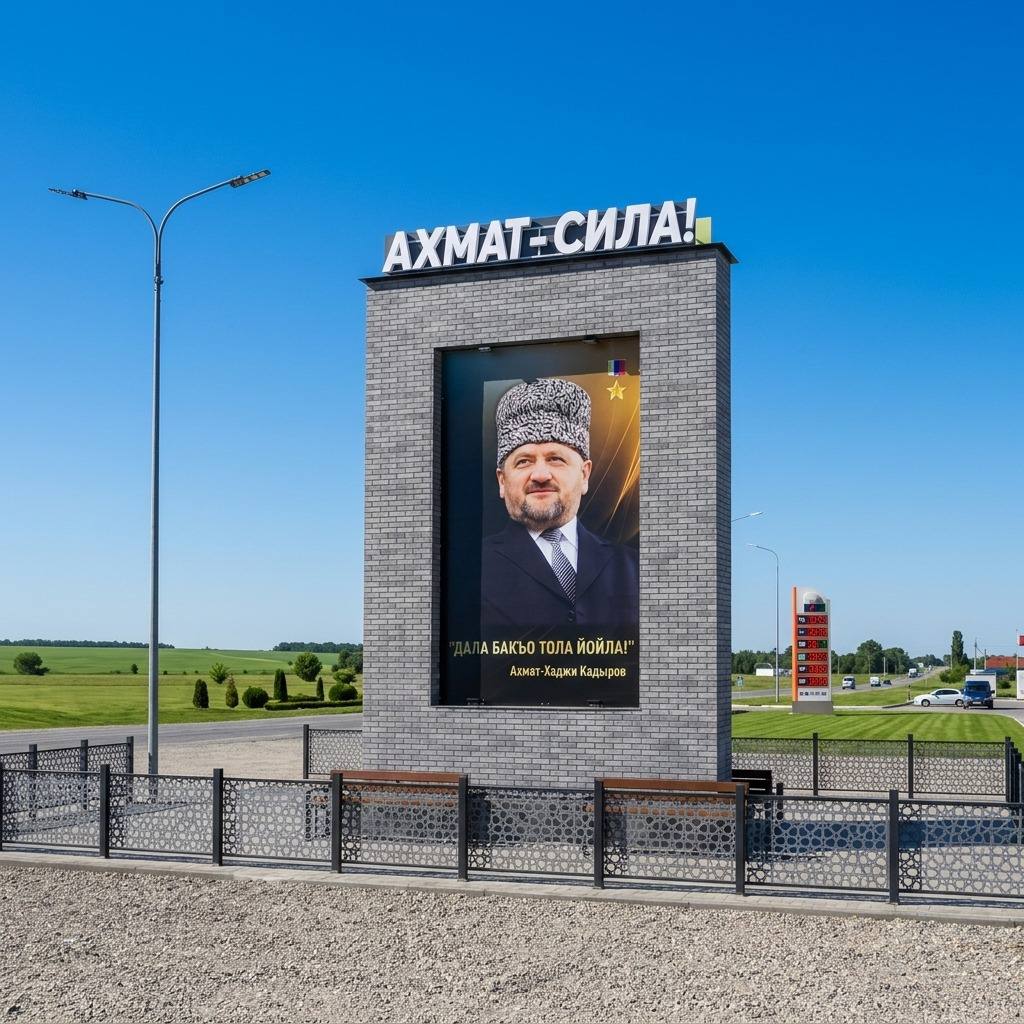 В селе Виноградное завершено строительство въездной стелы с изображением Ахмата-Хаджи Кадырова